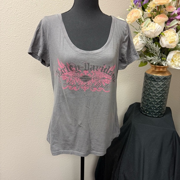 Harley-Davidson Tops - Harley Davidson Gray Pink Graphic Tee XL Women’s Biker Motorcycle T-Shirt